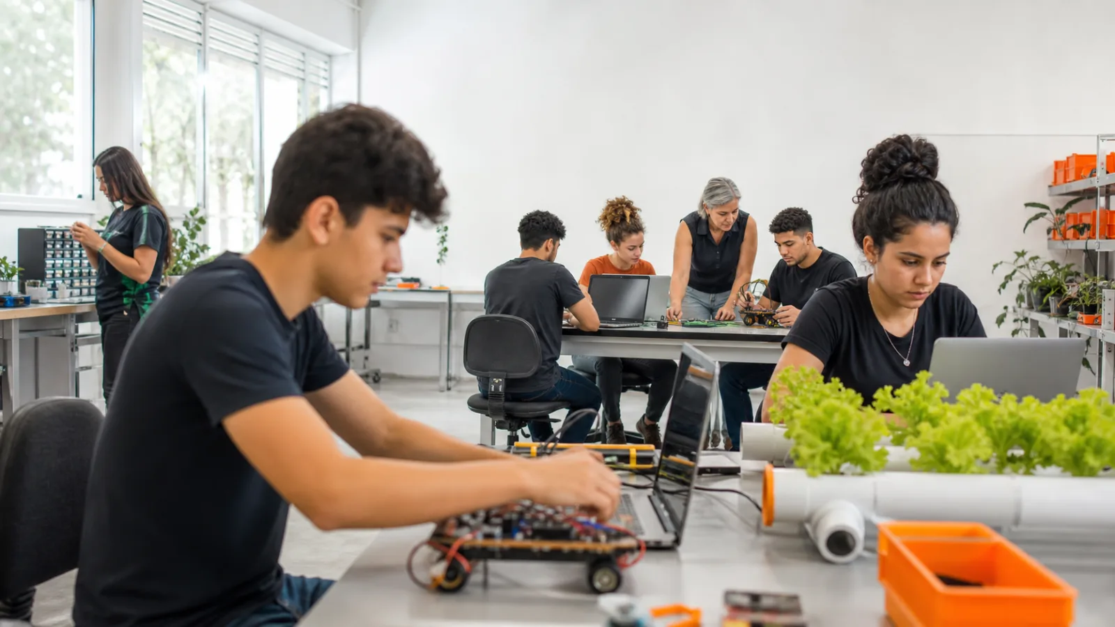 Imagem editorial ilustrativa de estudantes em laboratório de tecnologia; não representa instituição específica