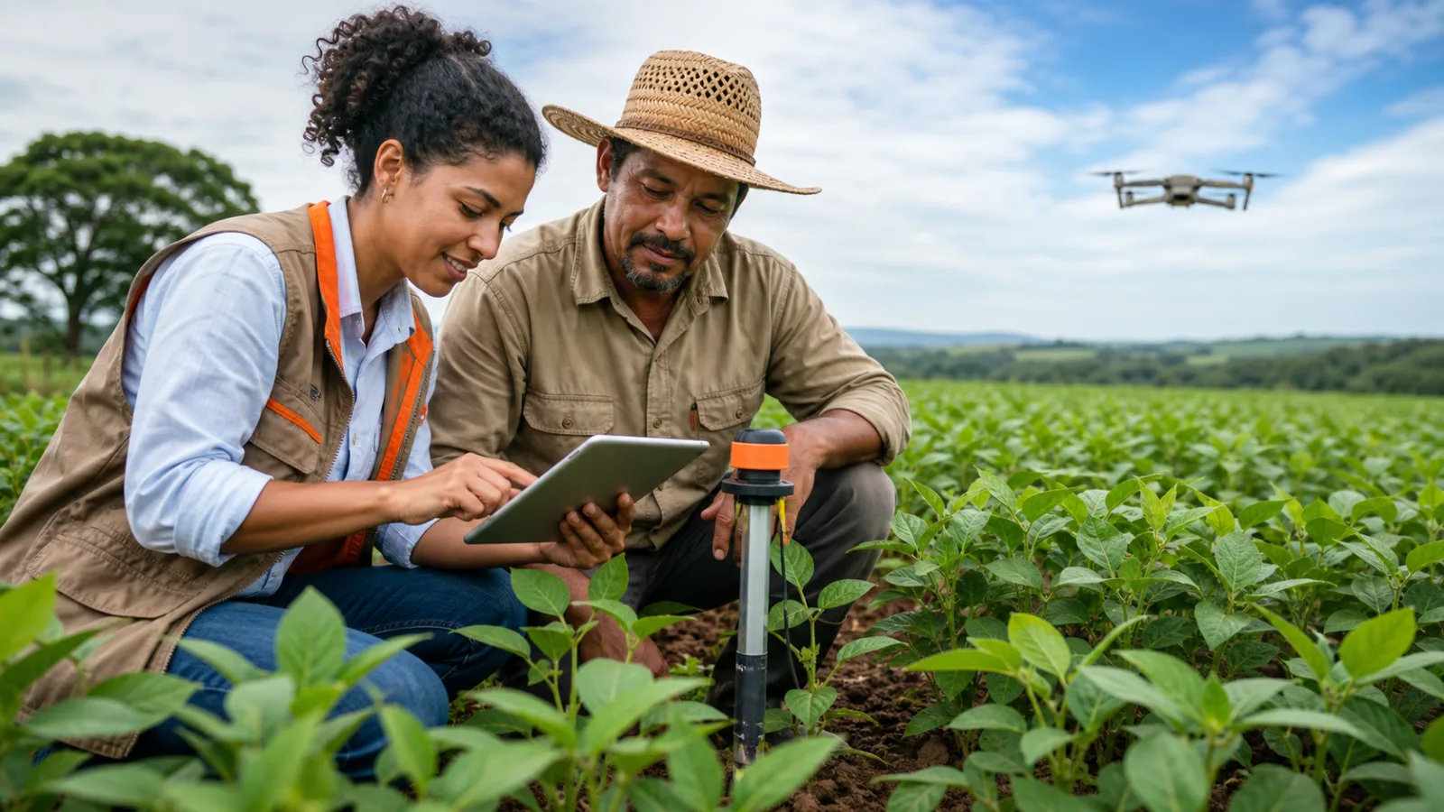 Imagem editorial ilustrativa sobre sementes, tecnologia e produção rural